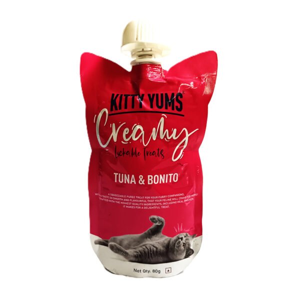 KITTY YUMS CREAMY LICKABLE CAT TREATS REAL STUNA & BONITO 80G POUCH