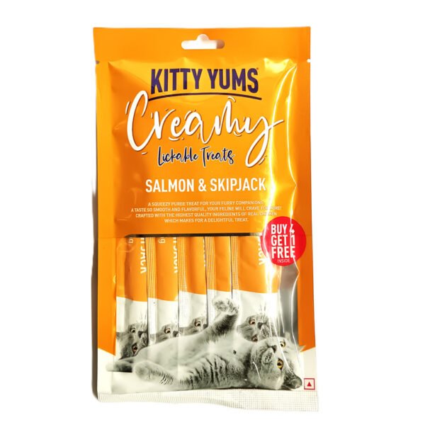 KITTY YUMS CREAMY LICKABLE CAT TREATS SALMON & SKIPJACK BUY 4 + 1 SACHE PACK